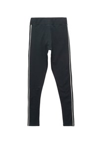 Zwarte leggings van zachte stof, met een hoge tailleband en opvallende witte zijstrepen langs de lengte.