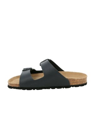 Sandalo slide in pelle nera con due fibbie regolabili, soletta in sughero e suola in gomma texturizzata. Punta aperta e lati aperti per una maggiore traspirabilità.