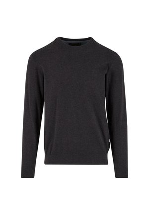 Tummanharmaa neulepaita pitkillä hihoilla, pyöreällä kaula-aukolla sekä poimutetuilla hiha- ja helman reunoilla. Sileä rakenne, jossa on hienovaraisia värieroja.