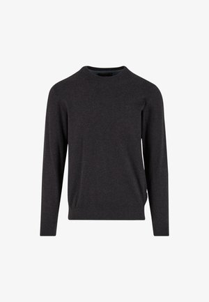 Maglione lavorato a maglia grigio scuro con maniche lunghe, scollo rotondo e polsini e orlo a costine. Texture liscia con leggere variazioni di colore.