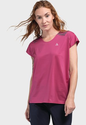 Fuchsia Sport-T-Shirt mit runder Ausschnitt und Kurzarm. Mit grauen horizontalen Akzenten an den Schultern. Hergestellt aus glattem, atmungsaktivem Stoff.