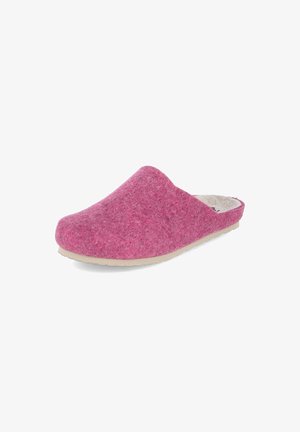 Chausson en feutre rose doux, à enfiler, avec un bout fermé et une semelle beige plate, conçu pour une utilisation intérieure et un enfilage facile.