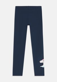 Leggings pour enfants bleu marine avec un petit graphisme coloré de vaisseau spatial près de la cheville droite, disposés à plat sur un fond blanc.