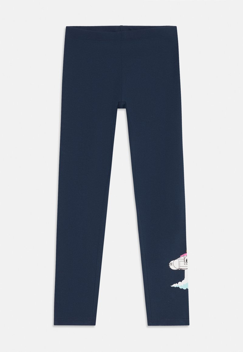 Leggings pour enfants bleu marine avec un petit graphisme coloré de vaisseau spatial près de la cheville droite, disposés à plat sur un fond blanc.