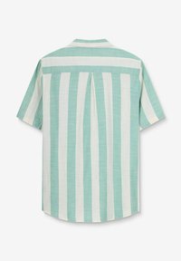 Korte mouwen shirt met afwisselende muntgroene en witte strepen, button-down kraag, plooidetail op de achterkant, lichtgewicht stof.