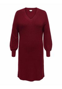 Abito lavorato a maglia bordeaux con scollatura a V, maniche lunghe a palloncino e polsini a coste; texture morbida con silhouette dritta.