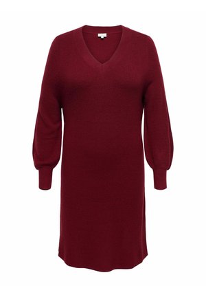 Vestido de punto burdeos con escote en V, mangas globo largas y puños acanalados; textura suave con silueta recta.