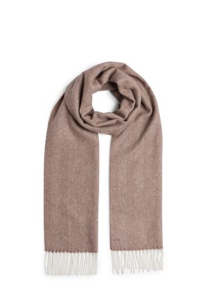 Brown herringbone scarf with fringed white ends, made from soft fabric, featuring a draped design that allows flexibility in styling.