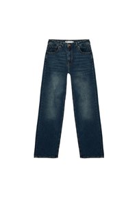 Jeans de denim azul de pierna ancha con un lavado descolorido, cinco bolsillos y acentos de costura. Presenta un cierre clásico de botón y trabillas para el cinturón.