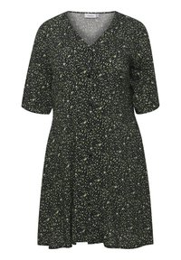 Rochie neagră cu mâneci scurte, de tip V, și fustă evazată; are un model floral dispersat în verde și alb.