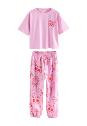 Rosa kurzärmliges Baumwolloberteil mit Cartoon-Prints und passende rosa Hose mit verspieltem Sonnen- und Gesichterdesign. Elastischer Bund.
