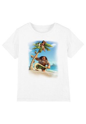 White cotton t-shirt featuring a colorful graphic of characters under a palm tree with ocean background, designed for casual wear.