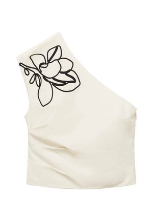 Asymmetrical cream top with a single strap. Features black floral embroidery on the shoulder. Smooth fabric with a fitted design.