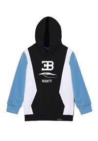 Felpa con cappuccio caratterizzata da un corpo nero, maniche blu e dettagli bianchi. Logo centrato con il testo "EB" e "BUGATTI", con una silhouette di automobile.