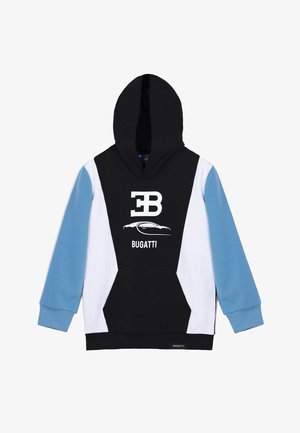 Felpa con cappuccio caratterizzata da un corpo nero, maniche blu e dettagli bianchi. Logo centrato con il testo "EB" e "BUGATTI", con una silhouette di automobile.