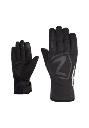 Black gloves featuring a soft exterior with textured palms, articulated fingers, and adjustable wrist straps. Logo and accents in grey.