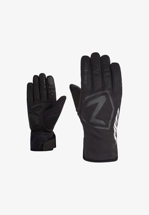 Black gloves featuring a soft exterior with textured palms, articulated fingers, and adjustable wrist straps. Logo and accents in grey.