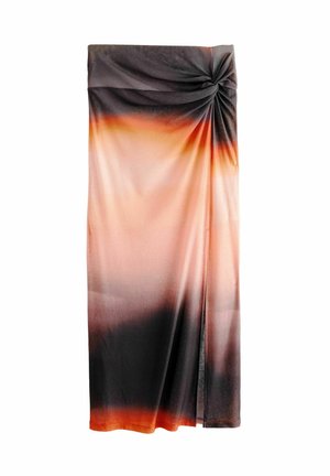Long skirt featuring a gradient color scheme from orange to black, made of soft fabric with a knotted detail at the waistband.