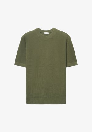 Dark olive green short-sleeve knit t-shirt with a textured pattern, crew neckline, and ribbed hem. Clean design with no visible branding.