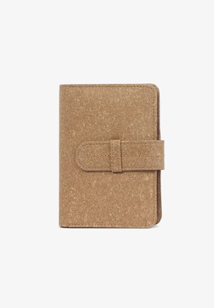 Brown textured wallet made from eco-friendly material. Features a flap closure with a simple strap and rounded corners for a smooth finish.