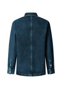 Giacca in denim blu scuro con maniche lunghe, polsini con bottoni e colletto classico. Presenta un retro semplice senza tasche né decorazioni.