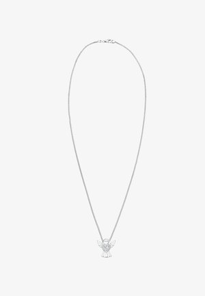 Silberne Halskette mit einer strukturierten Kette und einem Anhänger in Form eines Engels mit Herzdesign, verziert mit kleinen Kristallen.