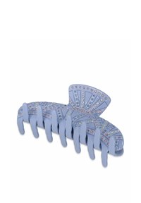 Pinza para el cabello de plástico azul con una forma decorativa de abanico, que presenta piedras de strass claras y rosas en un patrón lineal a lo largo de la superficie.
