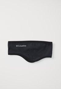 Mustekka fleece-panta, jossa on kaareva muoto ja elastinen viimeistely. Edessä valkoinen logo ja sivussa pieni aukko.