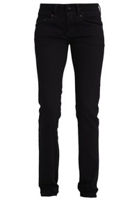 Jean en denim noir avec une coupe slim, offrant une fermeture éclair, des poches avant et arrière, et des coutures discrètes. Texture lisse, design classique.