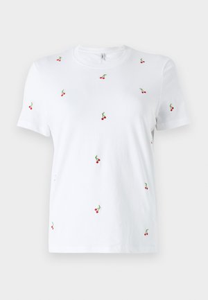 Valge puuvillane t-särk lühikeste varrukatega, millel on laiali asetatud punased kirsid tikandina ja rohelised varred kui peamised dekoratiivsed detailid.