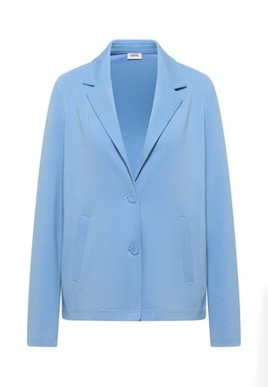 Veste pour femme bleu clair à manches longues, avec deux boutons sur le devant, revers crantés et poches latérales, présentée sur fond blanc.