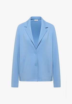 Veste pour femme bleu clair à manches longues, avec deux boutons sur le devant, revers crantés et poches latérales, présentée sur fond blanc.