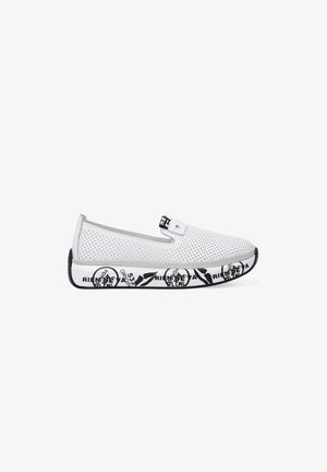 White slip-on shoes with perforated upper, featuring a black patterned rubber sole and side branding label. Flexible design for comfort.