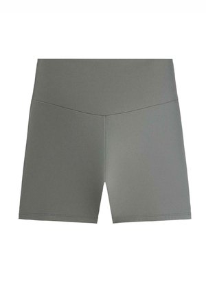 Magas derekú, varrás nélküli szürke sportnadrág rövidnadrág, V-alakú derékrész díszítéssel, a kényelem és rugalmasság érdekében tervezve.