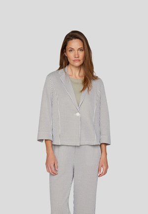 Gestreifter Blazer mit Knopfverschluss, mit Dreiviertelärmeln und lässiger Passform. Aus leichtem Stoff in blau-weißen Streifen gefertigt.