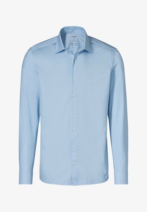 Hellblaues langärmeliges Hemd mit Knopfleiste, klassischem Kragen, glatter Textur und einer Reihe passender Knöpfe auf der Vorderseite.