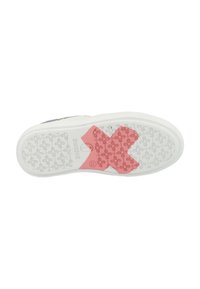 Witte sneakerzool met een getextureerde rubberen grip, voorzien van een roze 'X'-grafiek en cirkelvormige patronen. Ontworpen voor duurzaamheid en grip.