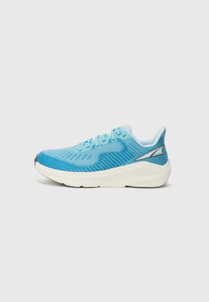 Blue running shoe with a textured mesh upper, lace closure, and a white cushioned midsole. Features a reinforced toe and a sleek design.