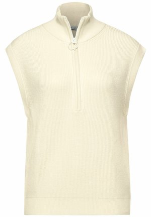 Kremowy bezrękawnik z wysokim dekoltem i zamkiem błyskawicznym na pół długości, z prążkowaną teksturą i okrągłym uchwytem zamka.