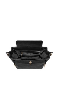 Borsa a mano in pelle nera con una finitura testurizzata, caratterizzata da un ampio interno, tasche con zip e accessori in metallo dorato.