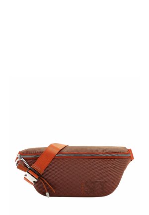 Brown textured fabric belt bag with a silver zipper and an orange strap. Features a curved shape and logo detail embossed on the side.