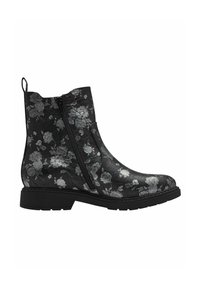 Botas negras hasta el tobillo con un diseño floral en gris, que cuentan con un cierre lateral, material texturizado y un tacón bajo en bloque.