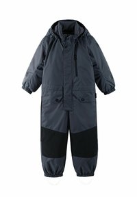 Czarny dziecięcy kombinezon zimowy w ciemnoszarym kolorze z zamkiem z przodu, elastycznymi mankietami i kapturem. Posiada czarne panele na nogawkach oraz kieszeń na zamek błyskawiczny na klatce piersiowej.