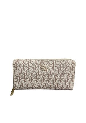 Portafoglio rettangolare con zip, con motivo intrecciato beige e marrone e emblema del logo dorato sul davanti.