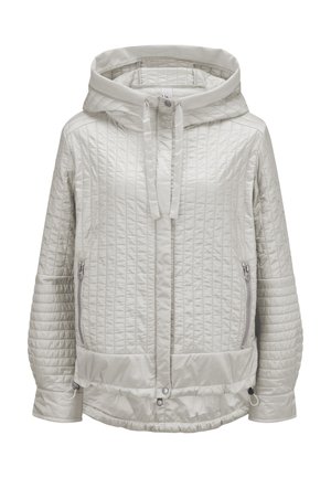 Hellgraue, gesteppte Jacke mit Kapuze, Reißverschluss vorne, Kordelzügen, seitlichen Reißverschlusstaschen und verstellbaren Saumkordeln.