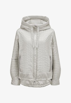 Hellgraue, gesteppte Jacke mit Kapuze, Reißverschluss vorne, Kordelzügen, seitlichen Reißverschlusstaschen und verstellbaren Saumkordeln.