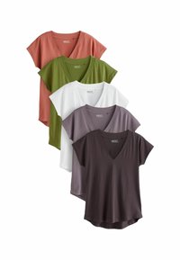 Set od pet V-izrez majica raznih boja: hrđa, maslinasto zelena, bijela, lavanda i tamno siva. Mekani pamučni materijal s kratkim rukavima.