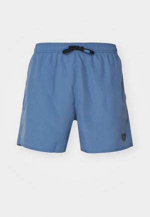 Shorts de bain bleu clair en tissu doux, dotés d'une ceinture élastique noire réglable et d'un petit logo sur la jambe.