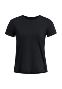 Camiseta deportiva de manga corta negra, hecha de un tejido ligero que absorbe la humedad. Presenta un cuello redondo y sutiles perforaciones para una mejor transpirabilidad.