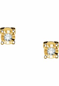 Goldfarbene Steckerohrringe mit einem runden klaren Edelstein in der Mitte, umgeben von einem strukturierten kreisförmigen Design und kleinen Akzentkugeln.